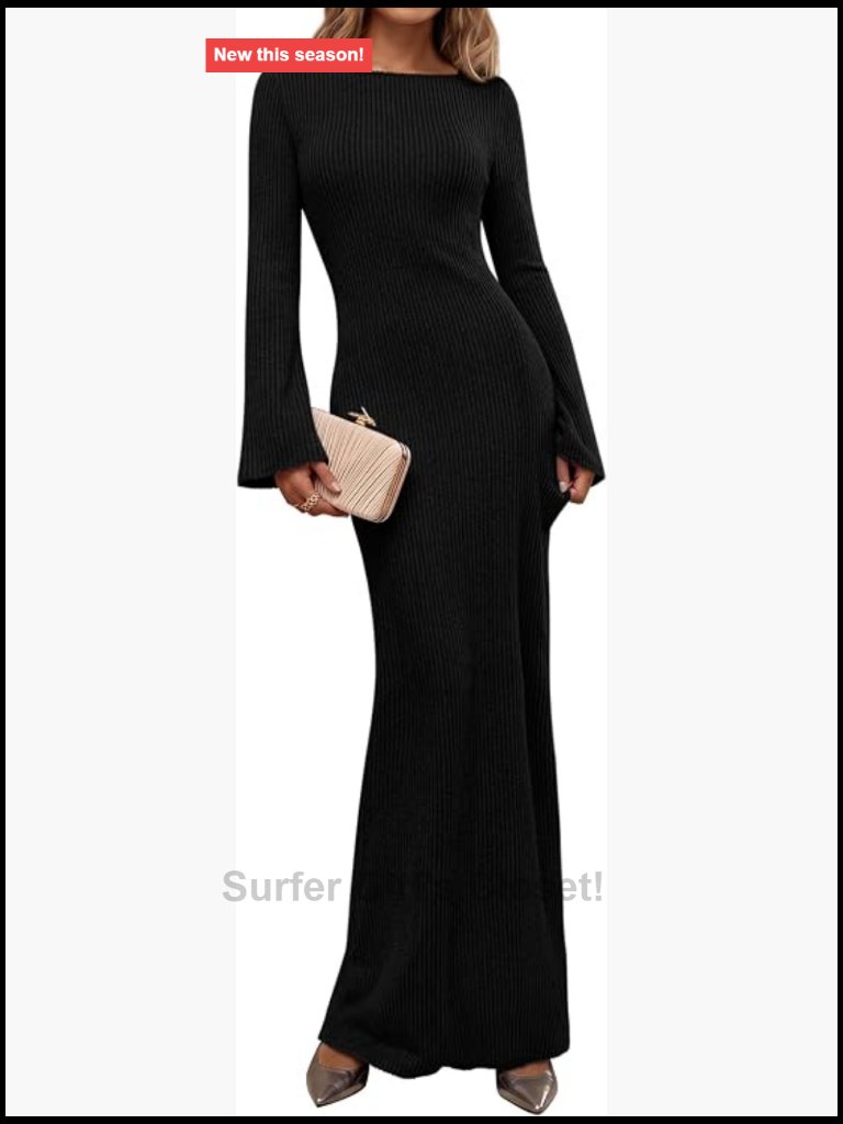 Ribbed Knit Maxi Dress - Boat Neck Bodycon Bell Sleeve Maternity Friendly